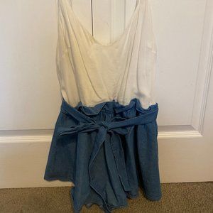 White & Denim Romper with Tie